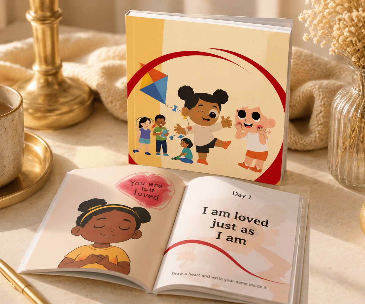 The Kids Daily Affirmations Book open to a page reading &lsquo;I am loved just as I am&rsquo;