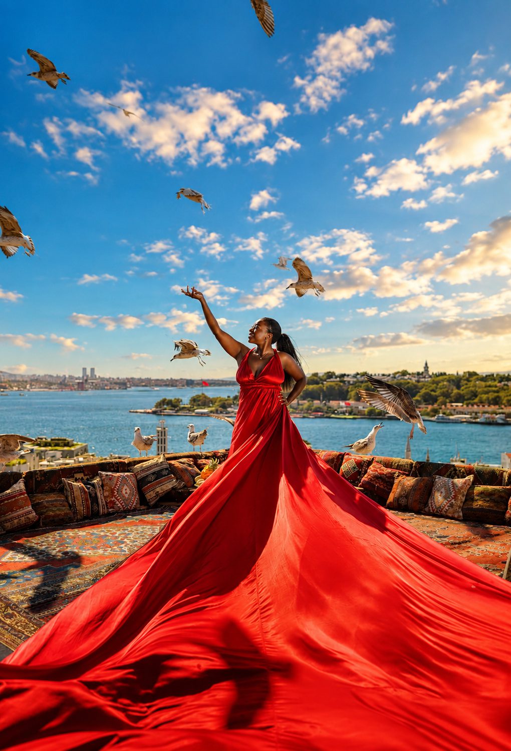Hayley Molefe in a flowing red gown on a rooftop overlooking Istanbul, seagulls in flight